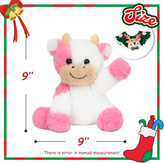 Hopearl Adorable Christmas Plush Cow Toy Floppy Dairy Cattle Soft Kawaii Stuffed Animal Cute Xmas Gifts for Boys Girls Kids Toddlers, Pink, 9''