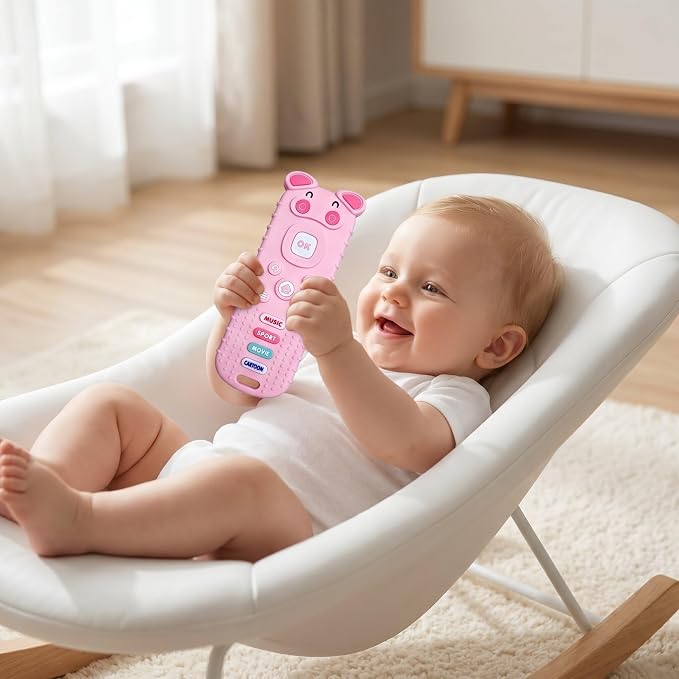 SOLIFEGOBLE Pig-Shaped Remote Teether for Babies 3-18M, Silicone TV Remote Teething Toy, BPA-Free Soft Chew Toy, Teething Relief for Infants Boys Girls (Pink)