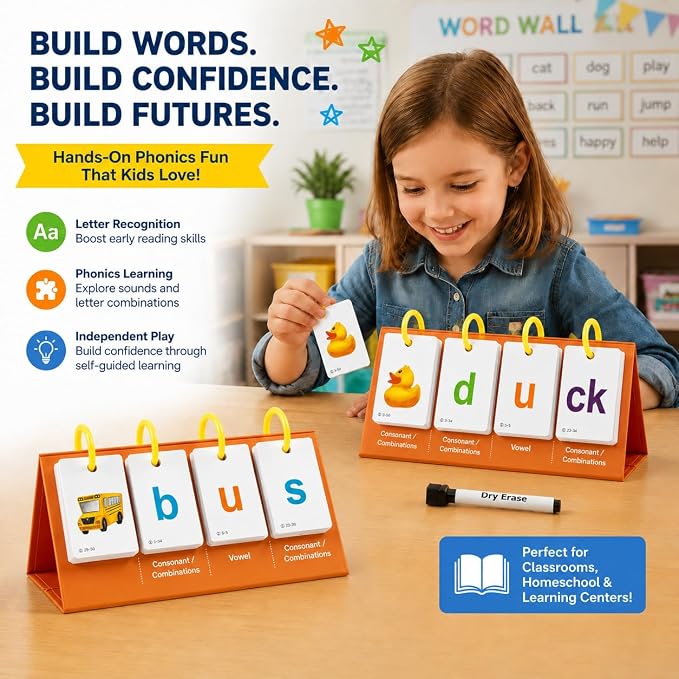 Alened Phonics Flash Cards for Kids 3-8, Sight Words Flash Cards for Kindergarten 1st 2nd 3rd Grade, CVC CVCC CCVC Word Builder, Homeschool & Classroom Phonics Learning Supplies