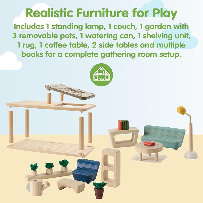 PlanToys® Wooden Dollhouse Gathering Room with Sunroom | Living Room Furniture Set with Sofa, Garden, Lamp & Accessories | Open Ended Role Play Space for Dollhouse Expansion
