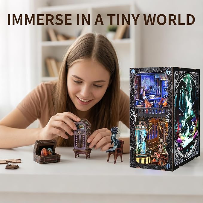 Book Nook Kit, DIY Miniature House Dollhouse Kit 3D Puzzle for Adults | Booknook Bookend Bookshelf Decor Tiny House Model Build with Dust Cover, Gifts for Family and Friends