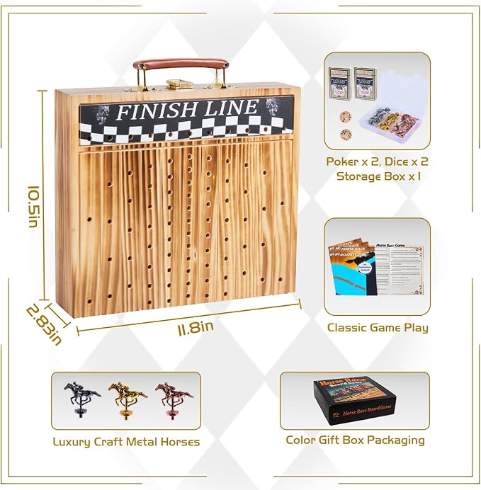 Jyquorp Horse Race Board Game, Solid Wood Foldable Racing Board with 11 Metal Horses, 2 Dice and 2 Boxes of Cards, Portable Travel Game for Family Parties and Holiday Gatherings