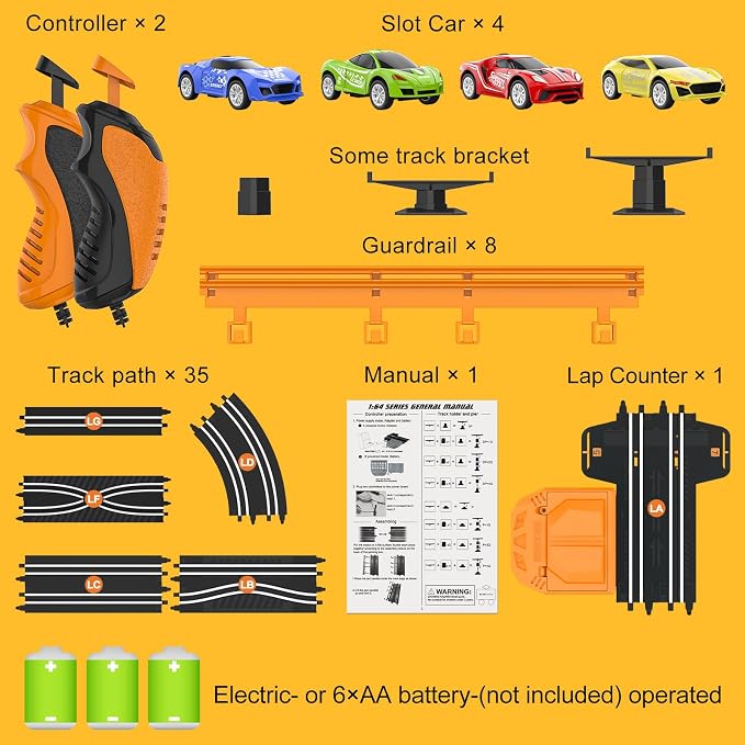 Slot-Car-Race-Track-Sets for Boys Kids, Battery or Electric Race Car Track with 4 High-Speed Slot Cars, Dual Racing Game 2 Hand Controllers Circular Overpass Track, Toys Gifts for 6-8 8-12 Boys Girls