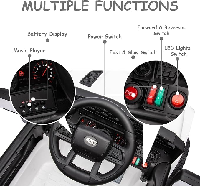GarveeLife 12V Kids Ride On Truck Electric Vehicle Battery Powered Car Toddlers Ride On Toy for Boys Girls with Remote Control, 4-Wheel Suspension, Battery Display, LED Lights, Music, White