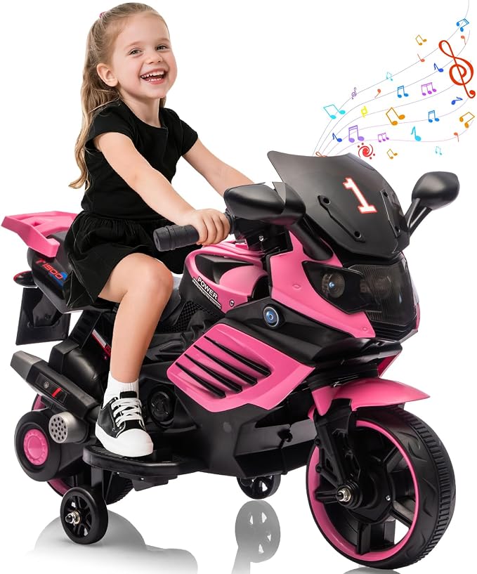 Garvee Kids 6V Ride On Motorcycle, Battery Powered Ride On Toys w/Treaded Tires, Working Headlight, Horn, Music, Training Wheels, Stable Electric Toddler Motorcycle for Kids, Gift for Boys Girls, Pink