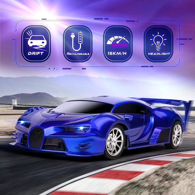Remote Control Car 1/18 High Speed RC Cars Toys for Boys Girls Vehicle Racing Hobby with Headlight Xmas Birthday Gifts for Kids (Blue)