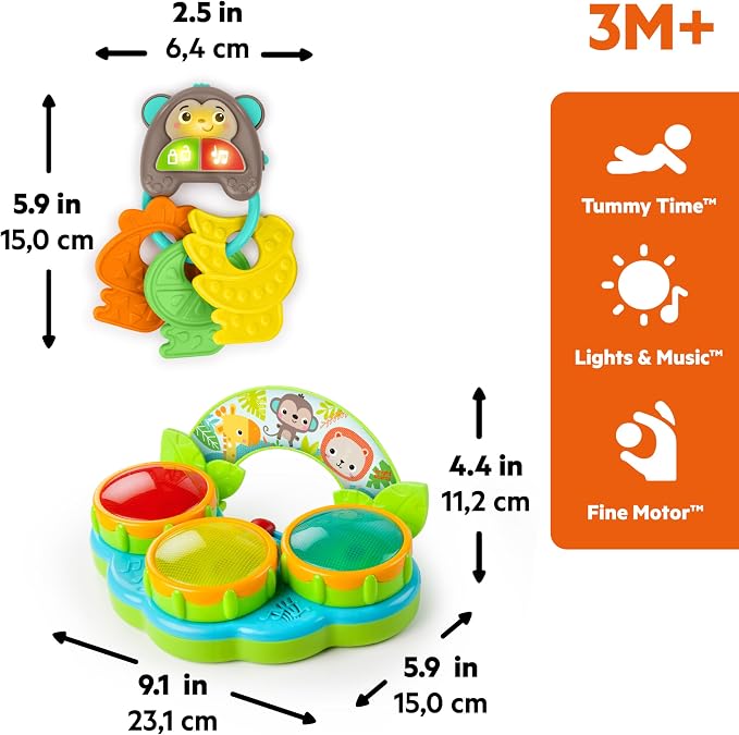 Bright Starts Safari Sounds Gift Set, 2-PK Baby Toys for On the Go, Musical Drum Toy and Car Keys Toy with Car Sounds, Unisex Jungle Theme, 3-6 Months and Up