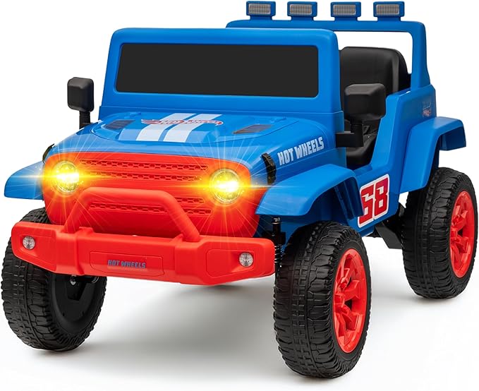 Hot Wheels - 12V Kids Ride On with Rechargeable Battery, LED Headlights, Press-Button Start, Durable Wheels, Forward & Reverse Drive, Contoured Seat