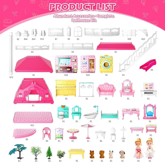 DIY Dollhouses for Girls - 4-Level 10-Room Villa with 2 Dolls, 4 Dogs & Rich Accessories, Dolls House Toys for Kids 4-8 Years Old