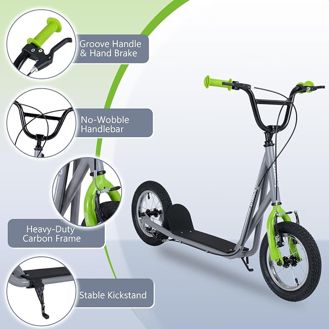 GYMAX Scooter, Kids & Adults Off-Road Scooter with 12" Inflatable Wheels, Adjustable Height Handlebar, V-Type Handbrakes & Axle Pegs for All Terrain, 8+