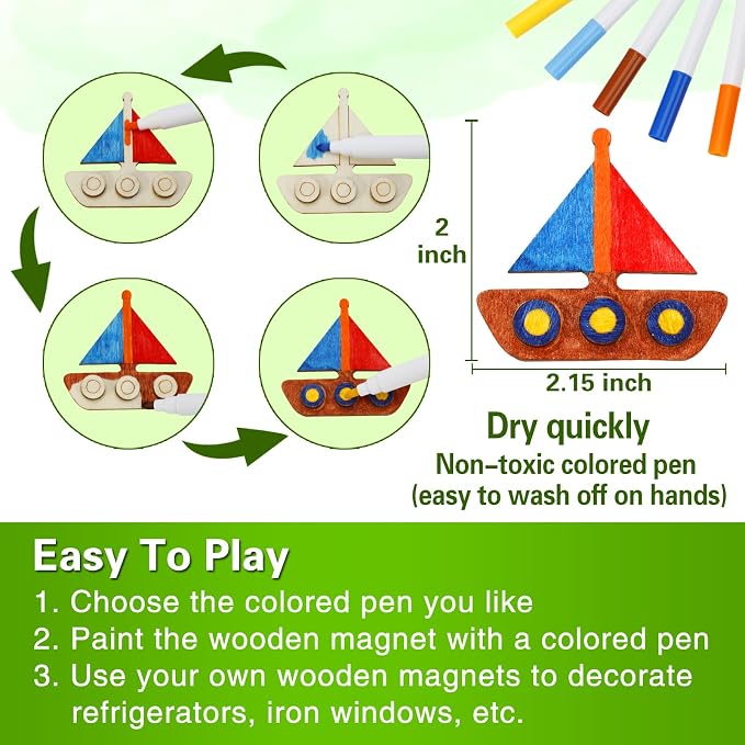 Worgree Summer Crafts for Kids, 36 Pcs DIY Wooden Magnets Art Craft Supplies Painting Kit for Boys Girls Ages 4-8 8-12 Birthday Party Gifts Summer Activities School Classroom Prizes