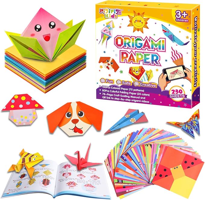 Pigipigi Kids Craft Origami Paper Kit for Kids Ages 5-8 8-12, with Guiding Book, 230 Sheets DIY Art and Crafts Supplies, Colorful Folding Papers Set Projects Gifts Activity for Boy Girl Toys(Cartoon)