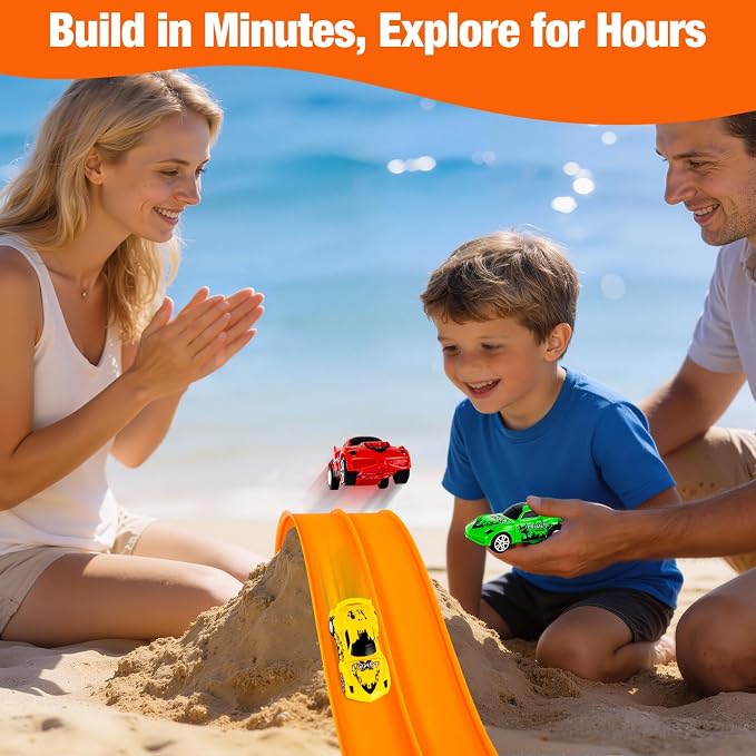 16.4 Ft Flexible Race Track for Kids Outdoor Toys Portable DIY Roll-Up Flex Race Car Track Compatible with Diecast 1/64th Cars Birthday Gifts Easter Basket Stuffers for Kids Boys Girls Ages 3+