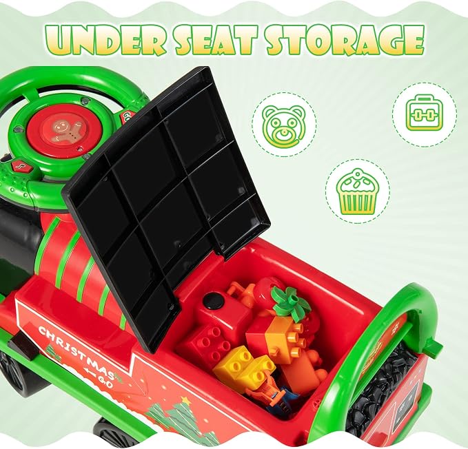 OLAKIDS Kids Ride On Train with Track, 6V Electric Toy with Lights and Sounds, Retractable Footrest, Under Seat Storage, Christmas Theme Battery Powered for Toddlers Boys Girls (1 Seater, Christmas)
