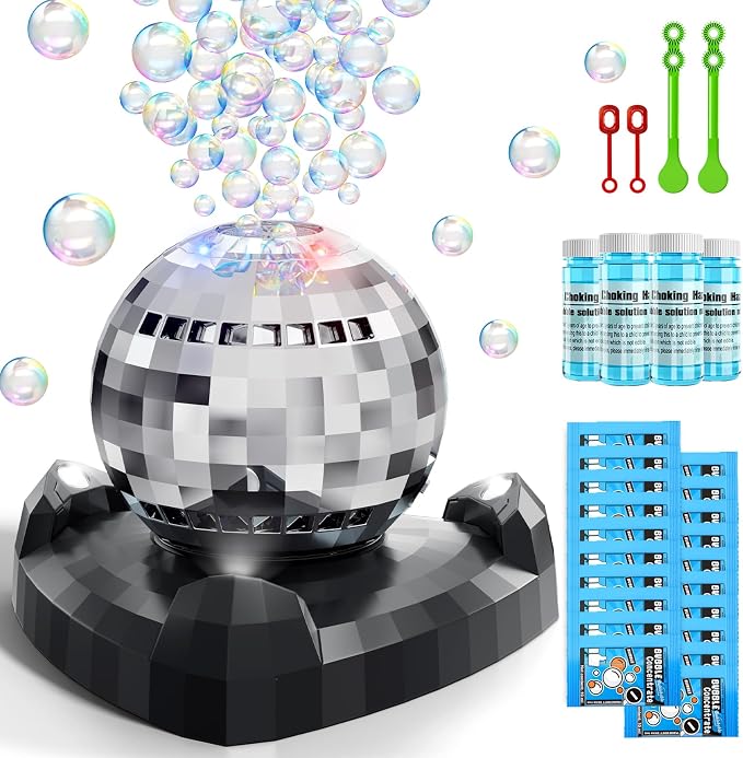 Bubble Machine, Automatic Bubble Blower Maker with 360° Rotating Turntable and LED Lights, Disco Ball Bubble Machine Summer Kids Toys for Weddings Birthdays Party Indoor Outdoor Backyard Camping