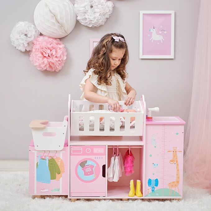 Olivia's Little World Amanda 6-in-1 Wooden Doll Nursery Station, Pink/Multi | Rocking Cradle, High Chair, Storage, Washing Machine and Sink, For 3 yrs and up