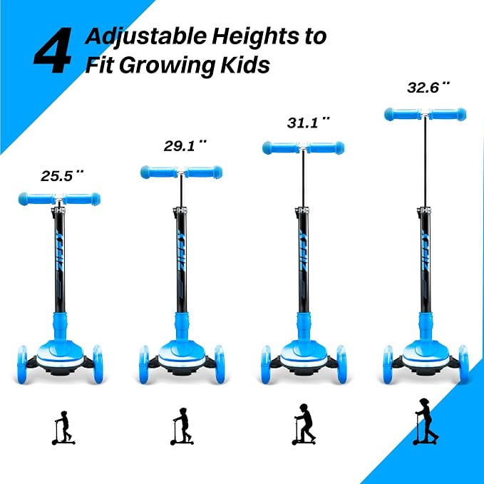JOVA ZIFFY Light-Up Toddler Scooters for Kids 3-8, 3 Wheel Kids Scooter for Boy Girl 110lbs, 20 Dynamic LED Lights, 4 Adjustable Height Ride-on Kick Scooter, Lean-to-Steer Anti-Slip Wide Deck