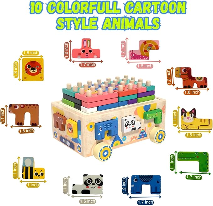 Wooden Montessori Toddler Toy Car Animal Shape Sorting & Peg Stacking Blocks Educational Learning Toy for Toddlers Ages 2-4 Fine Motor Skills Preschool Toy Wooden Shape Sorter Gift for Boys Girls
