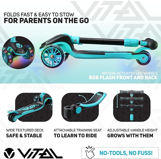 Vital Tyke 3 Wheel Toddler Scooter | LED Wheels, Foldable, Tool-Free Adjustable Handlebar & Removable Seat Scooters for Kids 3-5 and kick Scooters for Kids 5-7 up to 110lbs