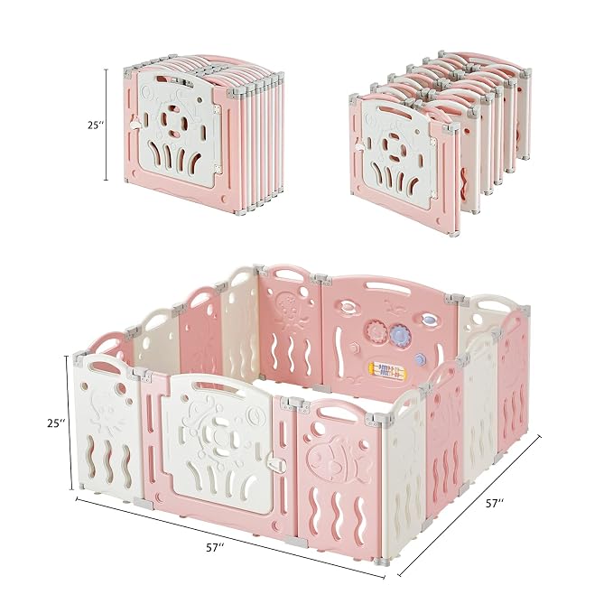Albott Baby Playpen, Upgraded 14 Panels Foldable Baby Fence with Game Panel and Safety Gate, Adjustable Shape, Portable Play Yards for Children Toddlers Indoors or Outdoors (Pink+White,14 Panel)