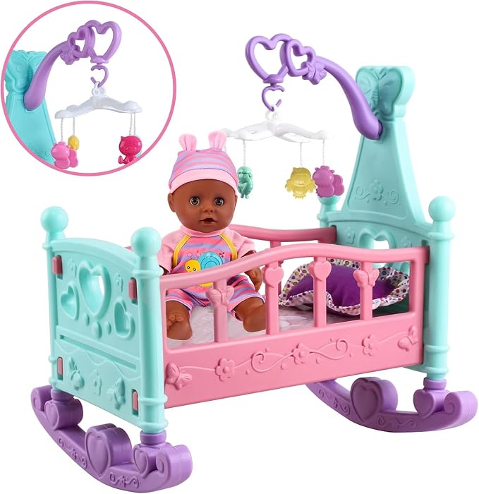deAO 12” Black Baby Doll Play Set with Crib, Mobile, High Chair Feeding Accessories, Interactive Dolls for Girls Kids Pretend Play Baby Dolls 21 PCS