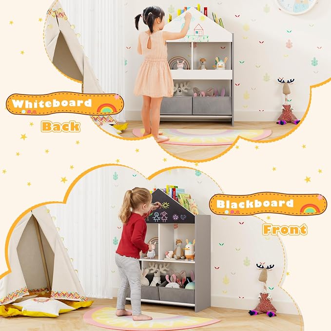 Costzon Kids Bookshelf, Wooden Dollhouse Bookcase with Blackboard, Whiteboard, Toddler Book Shelf with Cubby & 2 Fabric Bins, Toy Storage Organizer for Kids Room, Playroom, Nursery (Gray)