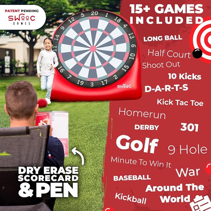 Swooc Games - Premium Inflatable Giant Kick Darts (15+ Ways to Play) - Jumbo Soccer Dartboard with Air Pump - Big Carnival Games - Giant Outdoor Games - Oversized Dart Board Yard & Lawn Game