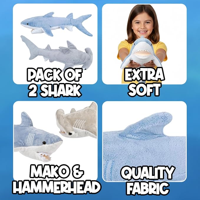 Bedwina Stuffed Animal Sharks - Pack of 2 Extra-Large, 20 inch Mako & Hammerhead Plush Shark Toys, Stuff Animals Toy, for Baby Toddlers & Kids