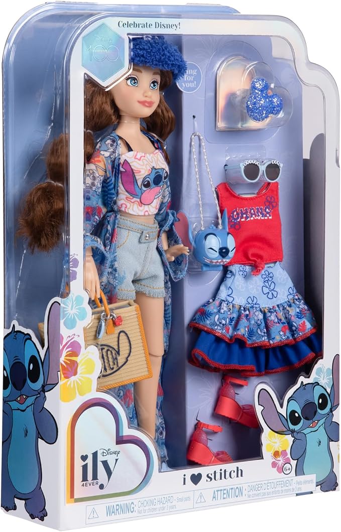 Disney ily 4EVER Dolls Disney 100 - Stitch 11.5" Tall with 13 Points of Articulation, Two Complete Mix-and-Match Outfits and Glittery Mickey Ring for You!
