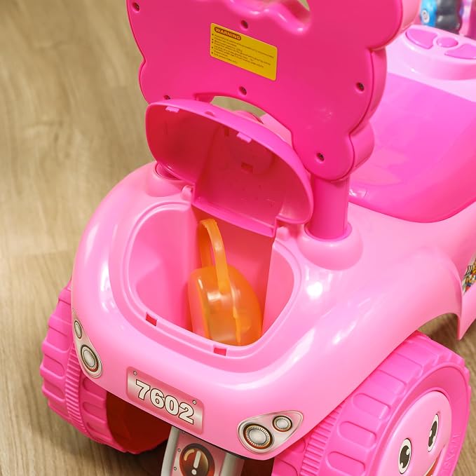 Qaba Toddler Push Car, Foot to Floor Ride on Toy with Horn, Light, Music, Steering Wheel, Anti-Over-Backwards Device & Under Seat Storage, Baby Sliding Car for Boys Girls 18-36 Months, Pink