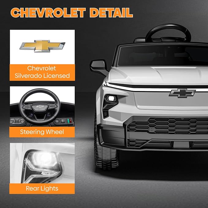 24V Licensed Chevrolet Silverado EV Electric Car for Kids, Ride on Toys for Toddlers with Remote Control, Soft Start, Wide Seat, 3 Speed, LED Lights, Music Player, Birthday Gift, White