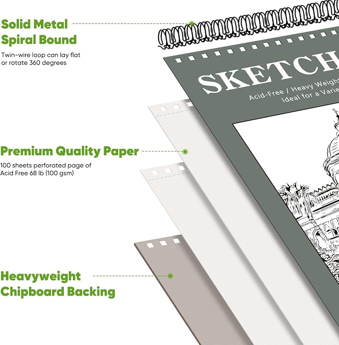 Soucolor 9" x 12" Sketch Book, 1-Pack 100 Sheets Spiral Bound Art Sketchbook, Acid Free (68lb/100gsm) Artist Drawing Book Paper Painting Sketching Pad, College Essentials