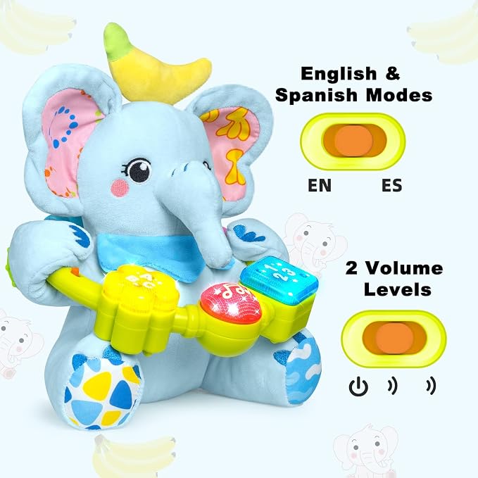 Ryotagift Baby Bilingual Musical Elephant Stuffed Animals Toys, Infant Early Learning Toy with Light-Up Music & Crinkle, Tummy Time Toys for 0 3 6 9 12+ Months for Baby Boy Girl Gift, Blue