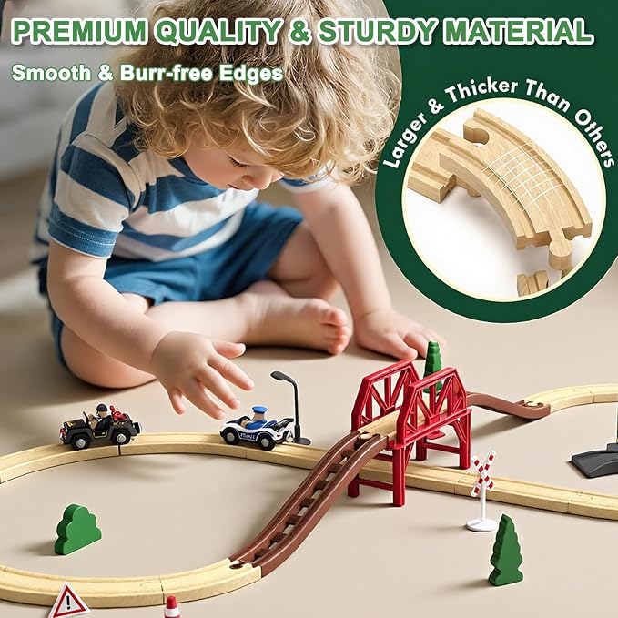 Wooden Train Set for Toddlers, 52Pcs Train Toy with Railway Track for Kids, Wooden Train Tracks Include Expansion Pack Compatible with Thomas, Brio, Chuggington