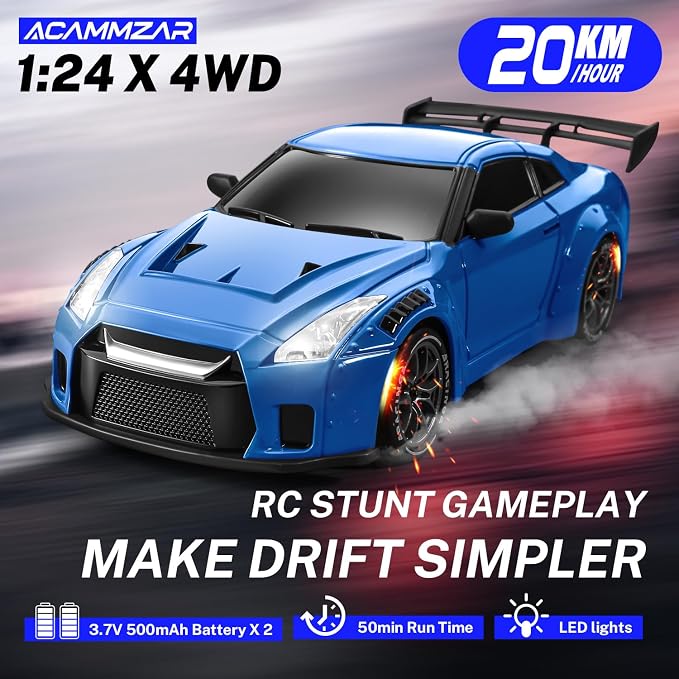 ACAMMZAR RC Drift Car, 1:24 Remote Control Car for Kids, 20KM/H 4WD High Speed RC Cars with Lights, Extra Racing Tires, Vehicle for Adults Boys Girls