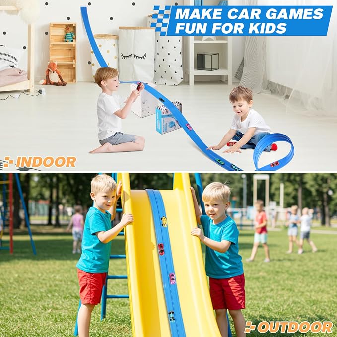 Flexible Race Car Track for Kids 15 Ft Flex Tracks Starter Set Compatible Toy with Suction Cups Compatible with Diecast 1/64th Cars, Long Kid Cars Ramp with Suction Cups for Indoor & Outdoor Ages 3+