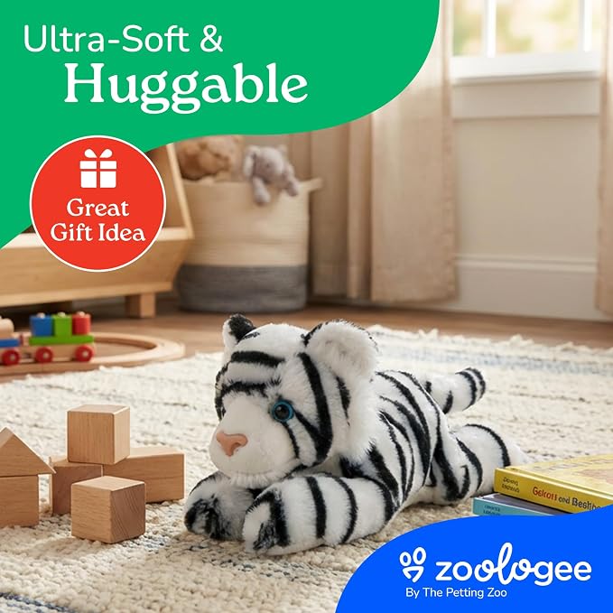 The Petting Zoo White Tiger Stuffed Animal Plushie, Gifts for Kids, Scoopz Wildlife Animals, Tiger Plush Toy, 8 inches