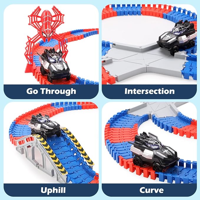 KaeKid Spider Race Track for Boys 3-8, 212PCS Race Car Track with 2 Spider Cars, DIY Flexible Track Playset, Toddler Toys Birthday Gifts for Kids