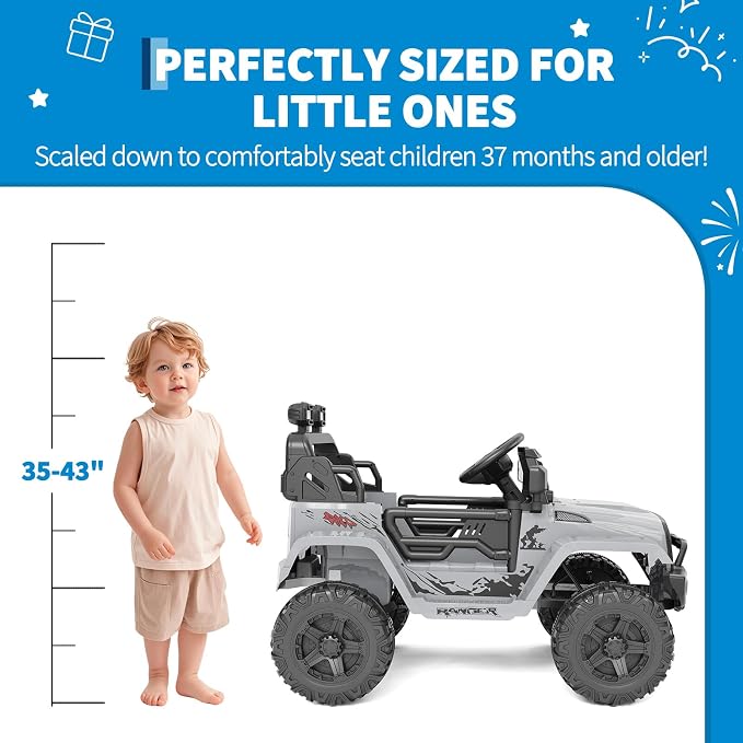 Hetoy 12V Ride on Toys with Parent Remote Control Toddler Electric Vehicle with Spring Suspension, LED Lights, Bluetooth, Music Player, 3 Speeds Ride on Car Truck for Kids Age 3-8 (Grey)