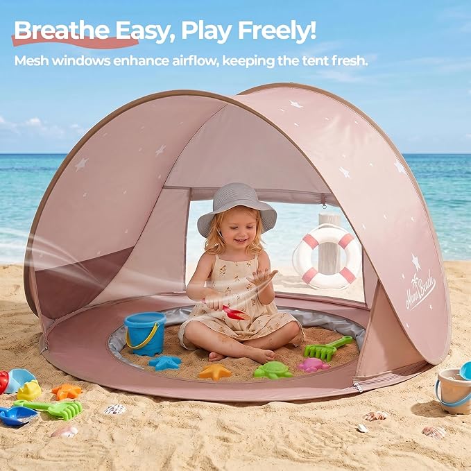 Monobeach Baby Beach Tent with Pool: Brown Stars Pop Up Sun Shade Tent for Toddler, UV Protection Portable Outdoor Shelter, Foldable Camping Canopy for Beach, Backyard & Travel
