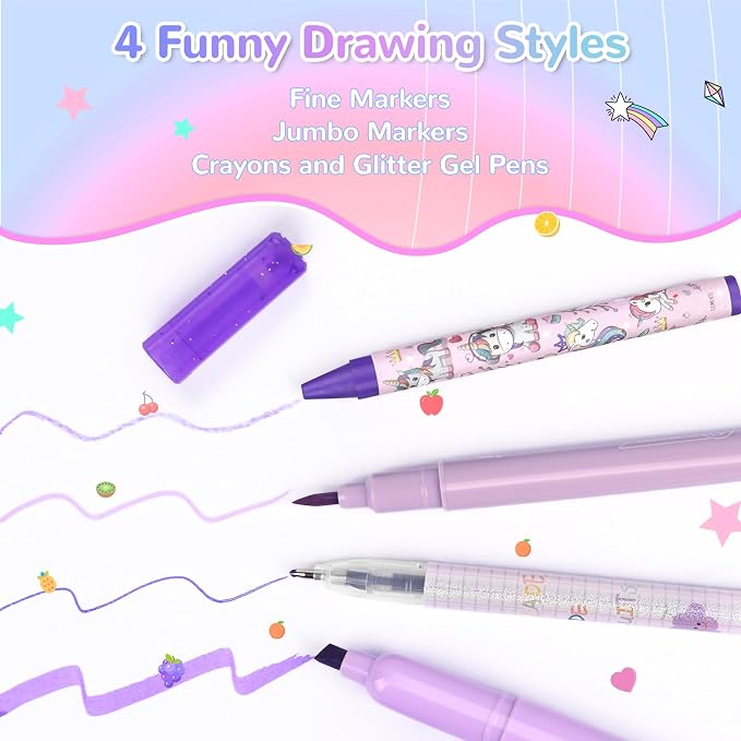 nasominako Washable Scented Markers Set for Kids - Unicorn Coloring Art Supplies Set for Kids Ages 4-8 Birthday Gifts for 4-8 Year Old girls Unicorn Pencil Case 54 PCS