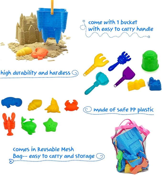 SupMLC Beach Toys, 27 Pcs Sandbox Toys for Kids, Sand Castle Building Kit, Sand Buckets, Collapsible Mesh Bag, Shovels, Dinosaur Molds – Travel Sand Toys for Boys Girls Age 3-10 Beach Accessories