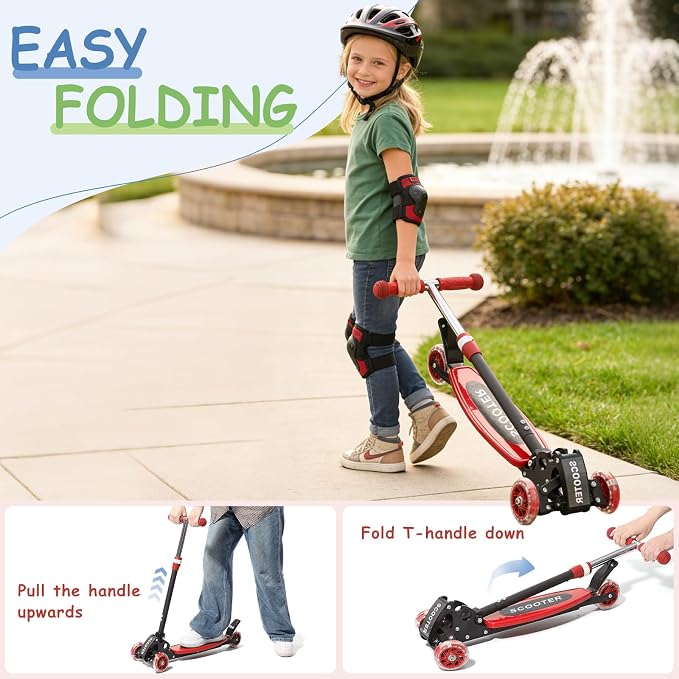 Toddler Scooter, 3 Wheels for Kids 2-7 Year Old LED Lighted, Folding Lean-to-Steer Kids Scooter with 3 Adjustable Handlebar for Boys Girls, Blue