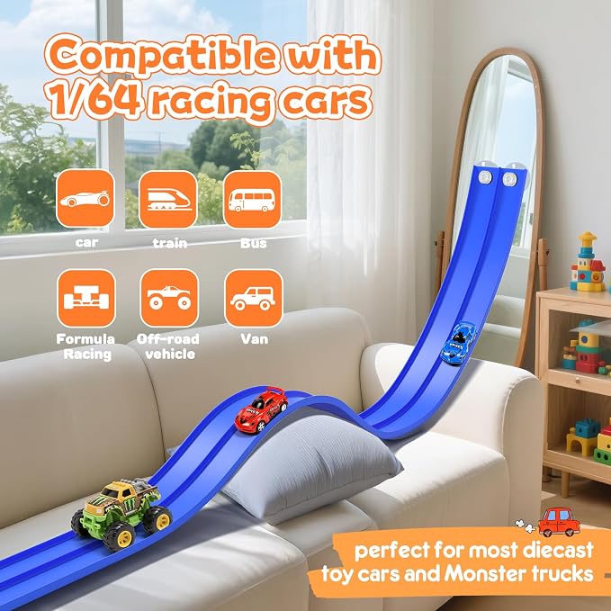 KETIEE Flex Tracks 16 Ft for Kids, Flexible Race Car Ramp Track with 2 Small Racecars and 4 Suction Cups Compatible with Diecast 1/64th Cars,Rolls Up Portable Racetrack for Ages 3 & Up