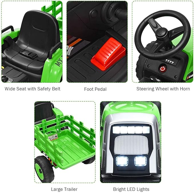 Costzon Ride on Tractor with Detachable Trailer, Kids' Electric Vehicles w/3-Gear-Shift Ground Loader, Wireless Design & USB, 7 LED Headlights, Remote Control Tractor Toy for Kids 3+ (12V, Green)