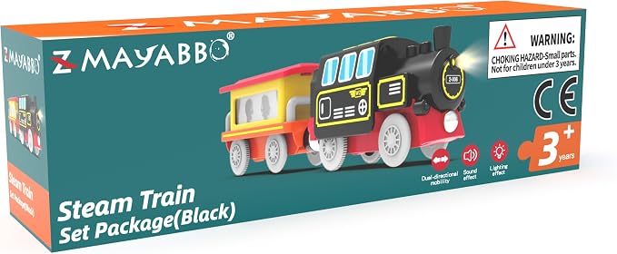 Motorized Train for Wooden Track – Black & Red Steam Locomotive with Flashing Carriage that Reveals Passenger Images, Lights & Sounds, Compatible with Thomas & Brio, Gift for Toddlers 3+