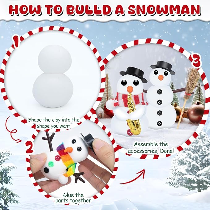 DSDFDS 12 Pack Christmas Craft - DIY Snowman Making Set for Kids, Creative Air Dry Modeling Clay, Build a Snowman Kit for Christmas Decorations Gifts Xmas Activities Holiday Favor Supplies
