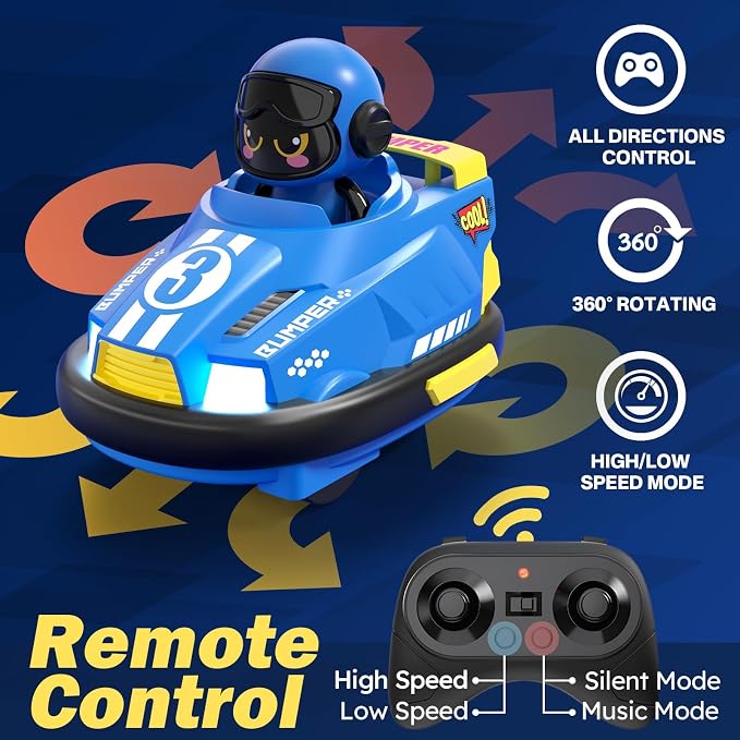 bessome 2 Pack Cute Cartoon Remote Control Bumper Car for Toddlers-Mini RC Cars with Light & Sound & 360°Rotating-Race car Toys for 3 4 5 6Year Old Boys Girls Kids-Christmas Birthday Gifts
