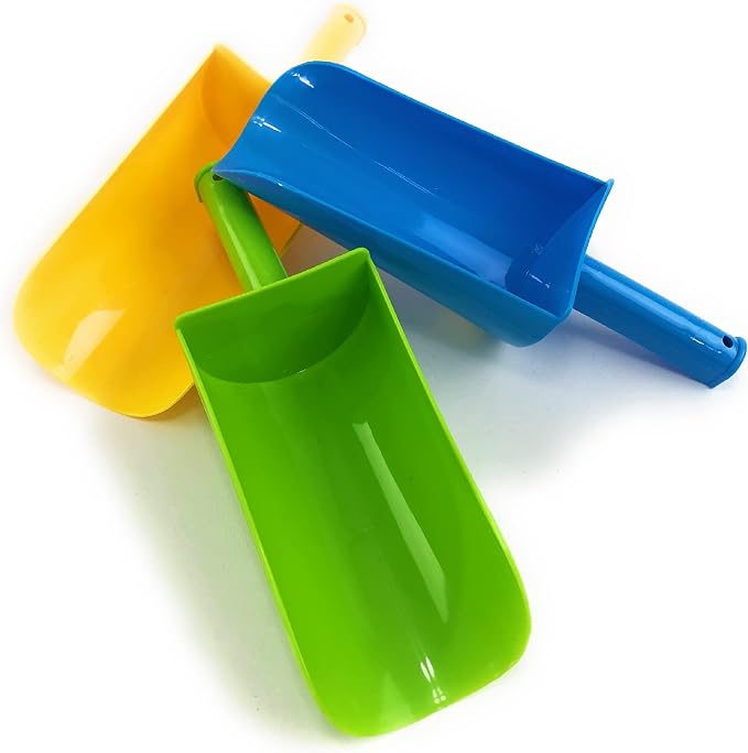 Matty's Toy Stop 9" Kids Short Handle Sand Scoop Plastic Shovels for Sand & Beach (Yellow, Blue & Green) Gift Set Bundle - 3 Pack