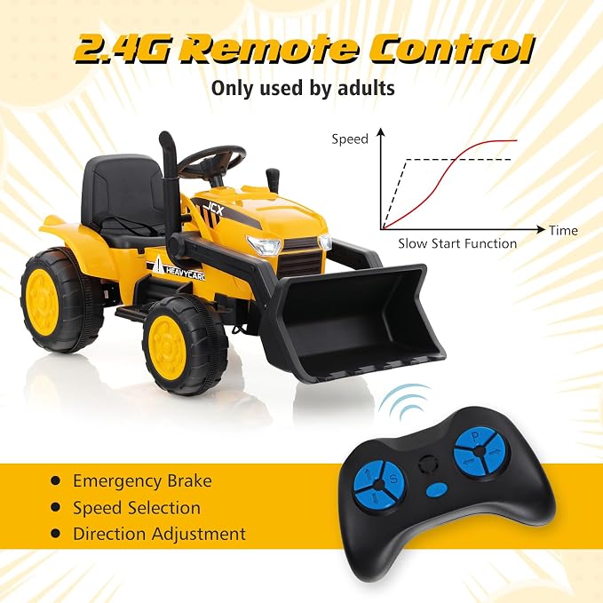 Costzon Ride on Excavator, 12V Kids Excavator Ride on Bulldozer with Remote Control & Adjustable Digger Bucket, LED Headlights, Music, Horn, USB, Electric Construction Ride on Toy for Kids 3-8, Yellow
